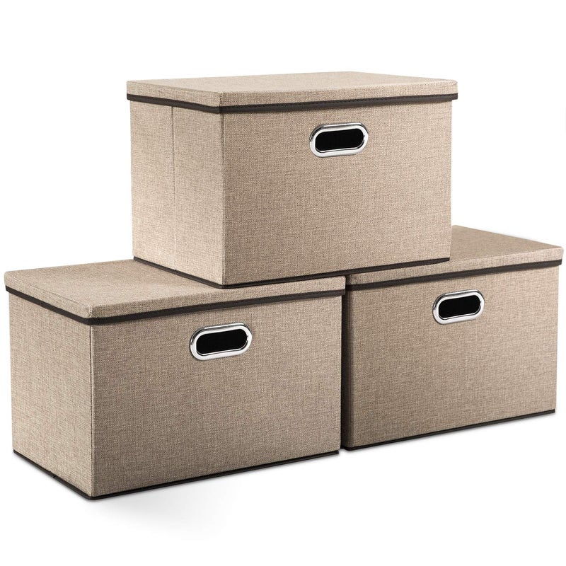 PRANDOM Large Collapsible Storage Bins with Lids [3-Pack] Jute Fabric Foldable Storage Boxes Organizer Containers Baskets Cube with Cover for Home Bedroom Closet Office Nursery (17.7x11.8x11.8) - Image 1
